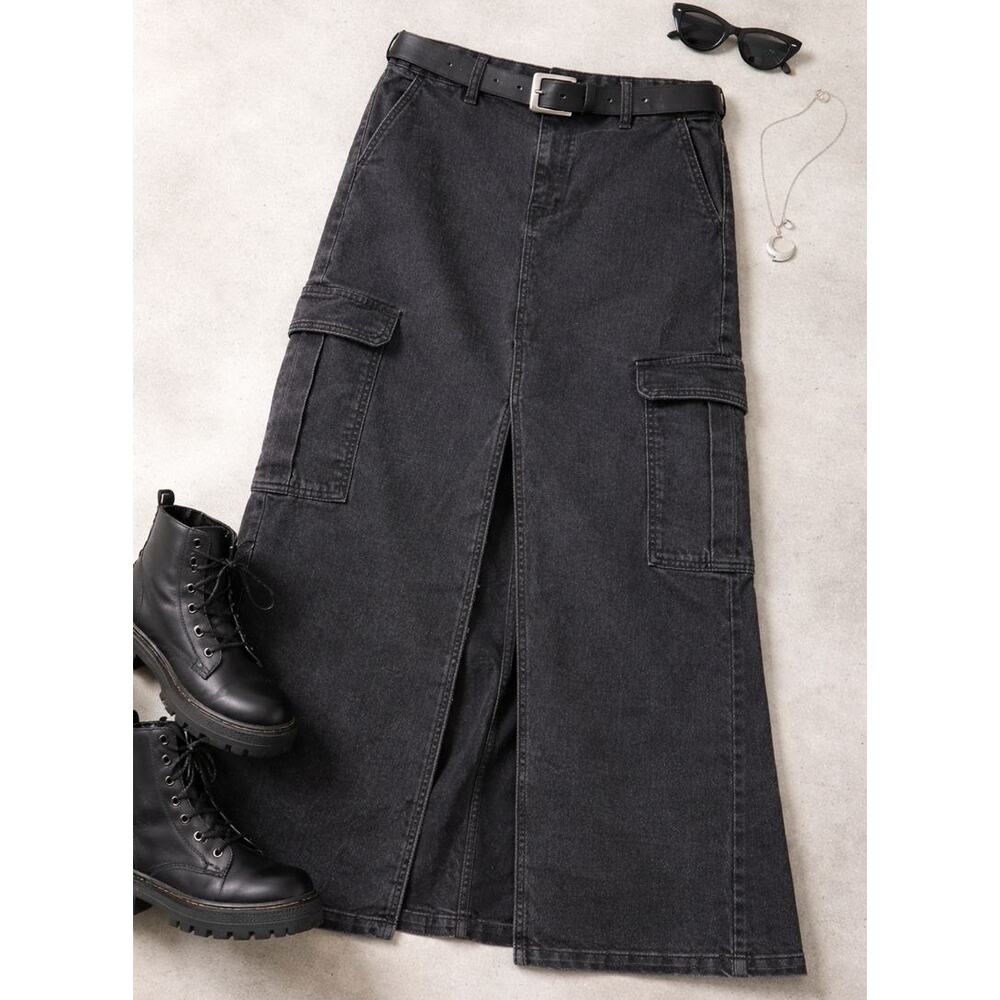 Black Denim Jean Cargo Maxi Skirt High Slit Utility Y2K Grunge Sz 13 34 Large